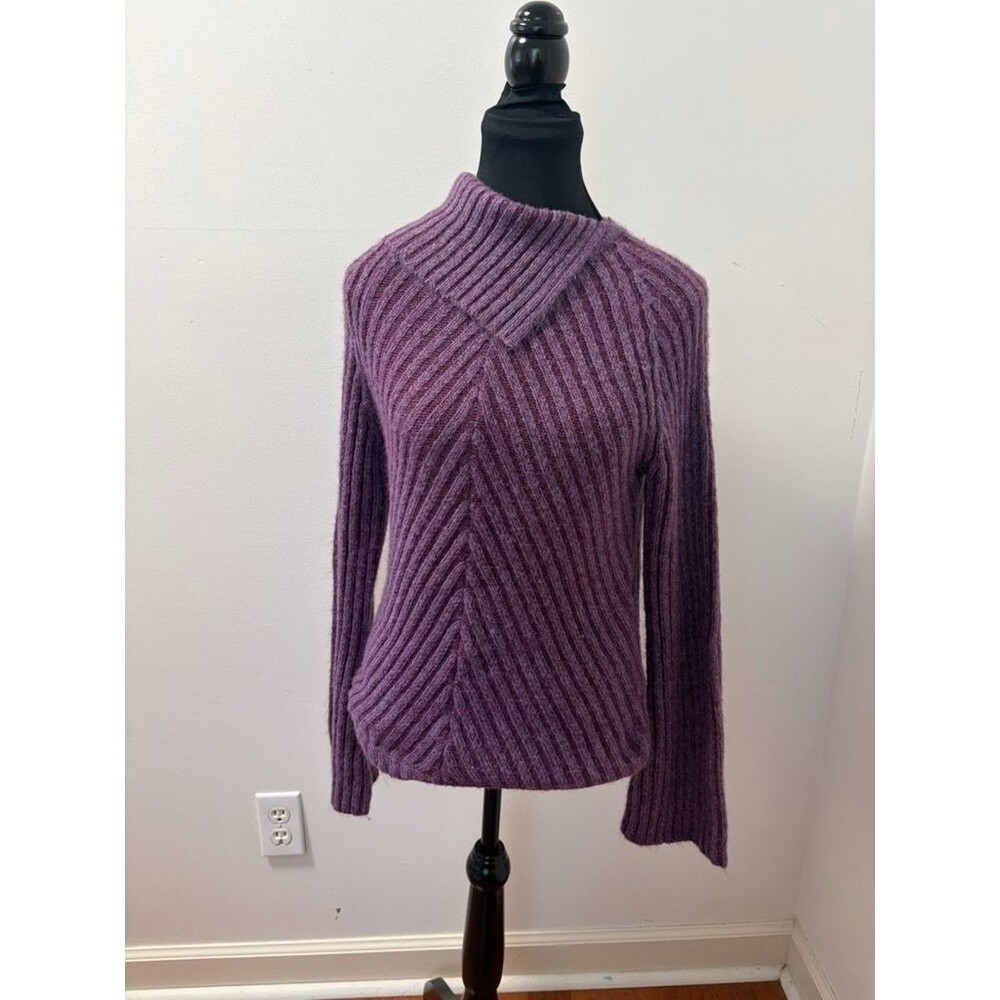Vintage Women Size M Purple Ribbed Knit Sweater Asymmetrical Collar Wool Blend